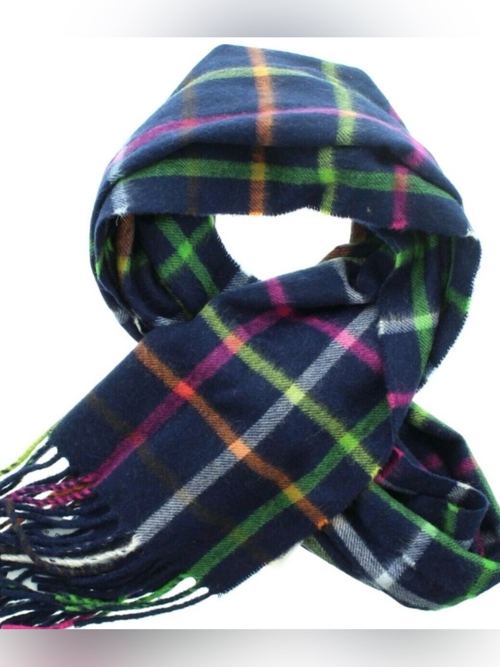 COACH LEGACY CASHMERE NECK WRAP, SCARF PLAID WITH FRINGE NAVY NWT - Picture 9 of 9